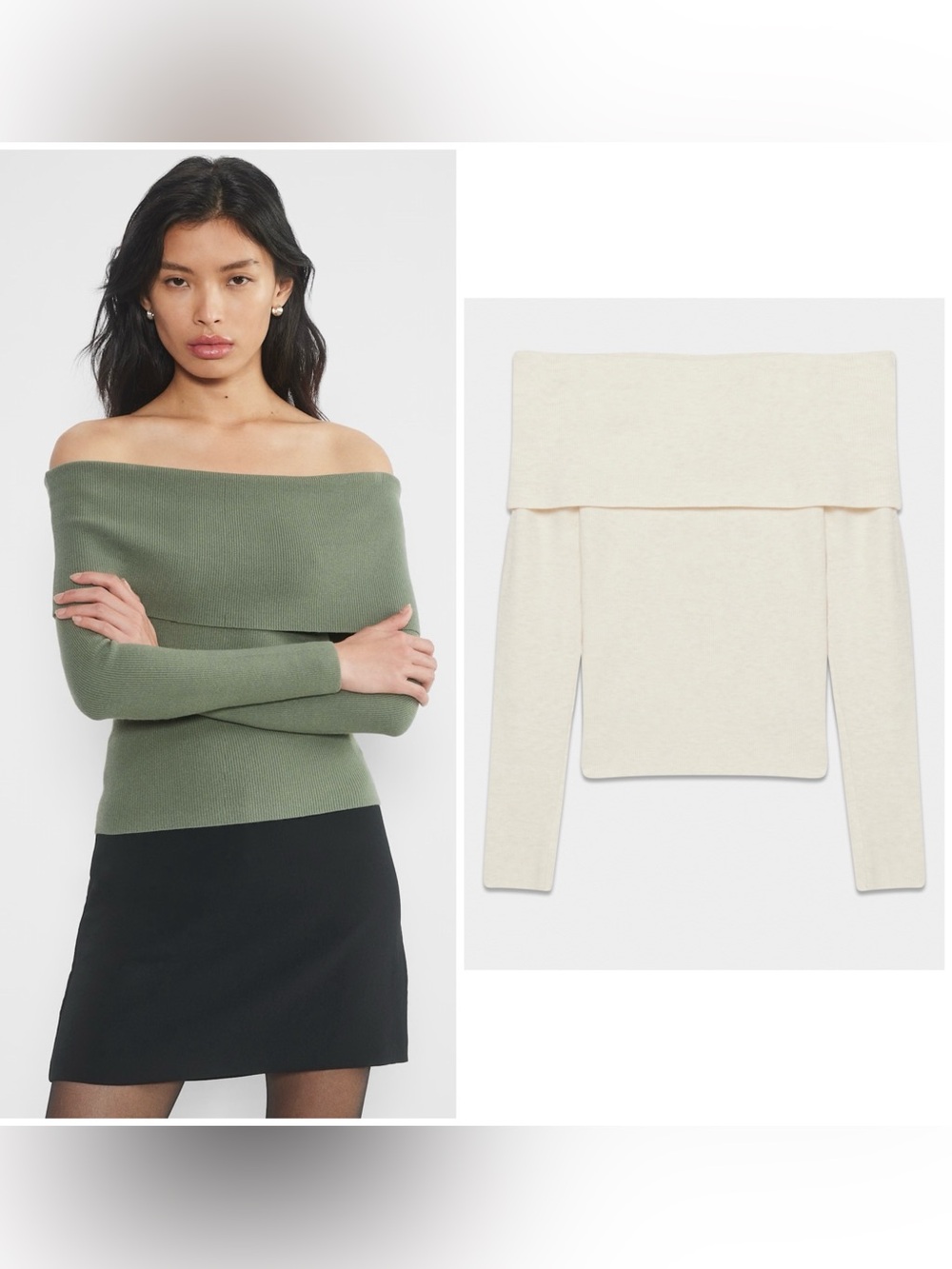 Aritzia Wilfred Nola Cream Off-the-Shoulder Fold-Over Sweater Soft Rib Knit